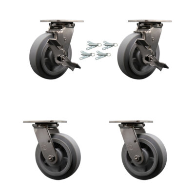 6 Inch 316SS Thermo Flat Tread Caster Set w/Delrin Bearings 4 Swvl Lock 2 Brakes