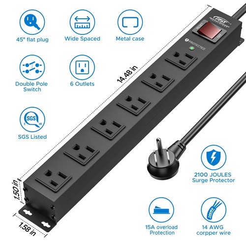 Protector contra sobretensiones de tira de alimentación de alta resistencia de 6 salidas, cable de alimentación de 10 pies/14 AWG/15A - Imagen 12 de 14