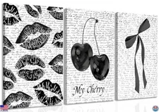 Black & White Canvas Wall Art Set of 3, Lips & Cherry Prints for Home Decor
