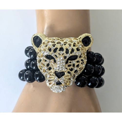 Gold Tone Crystal Leopard Genuine Onyx 3 Strand Beaded Stretch Bracelet S-M