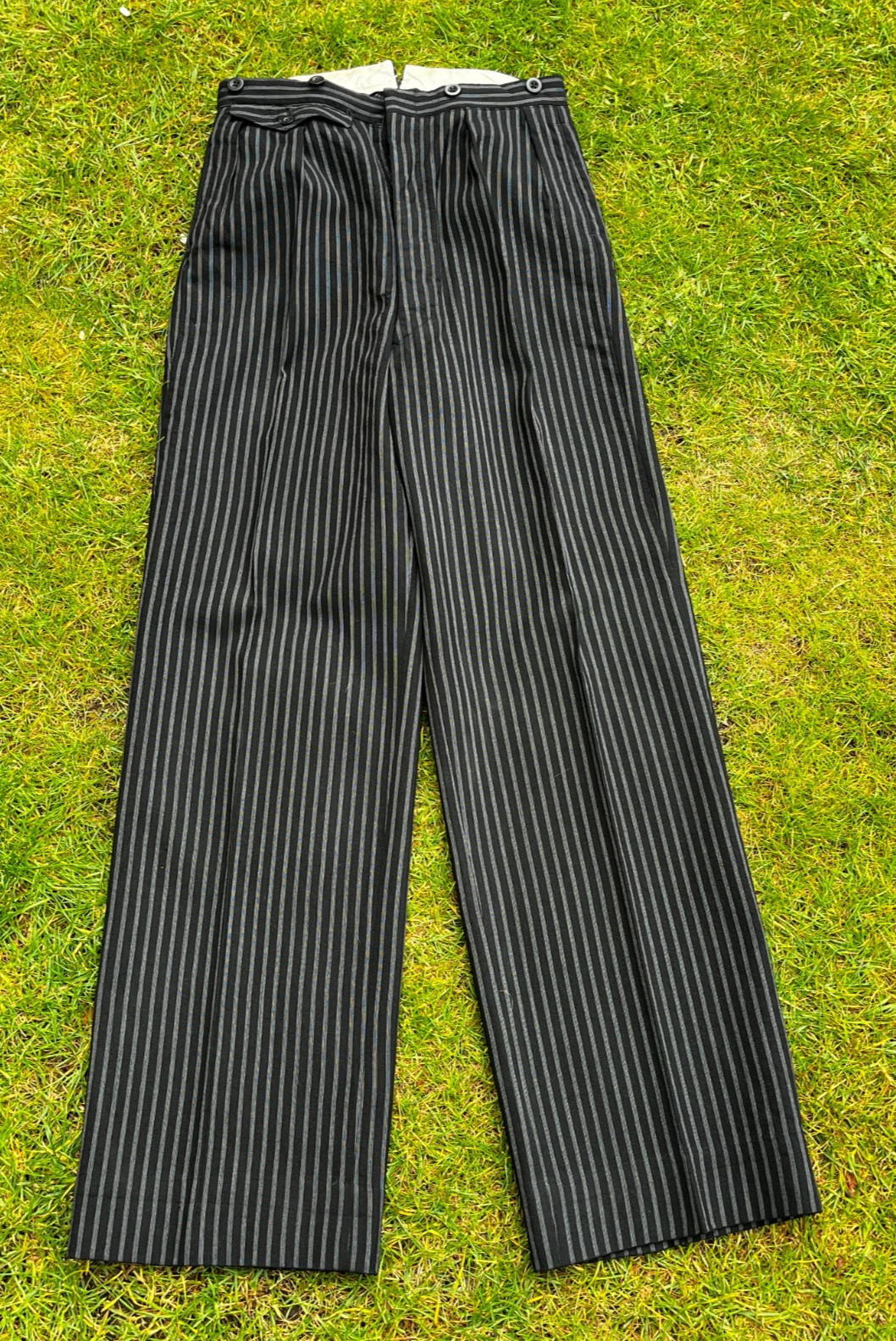 Vintage Black Morning Stripe Button Fly High Waist Fishtail Trousers W30" L33"