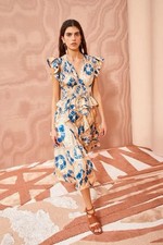 Ulla Johnson Womens Zita Mixed Print Silk Dress in Fossil Peach & Blue Sz 12