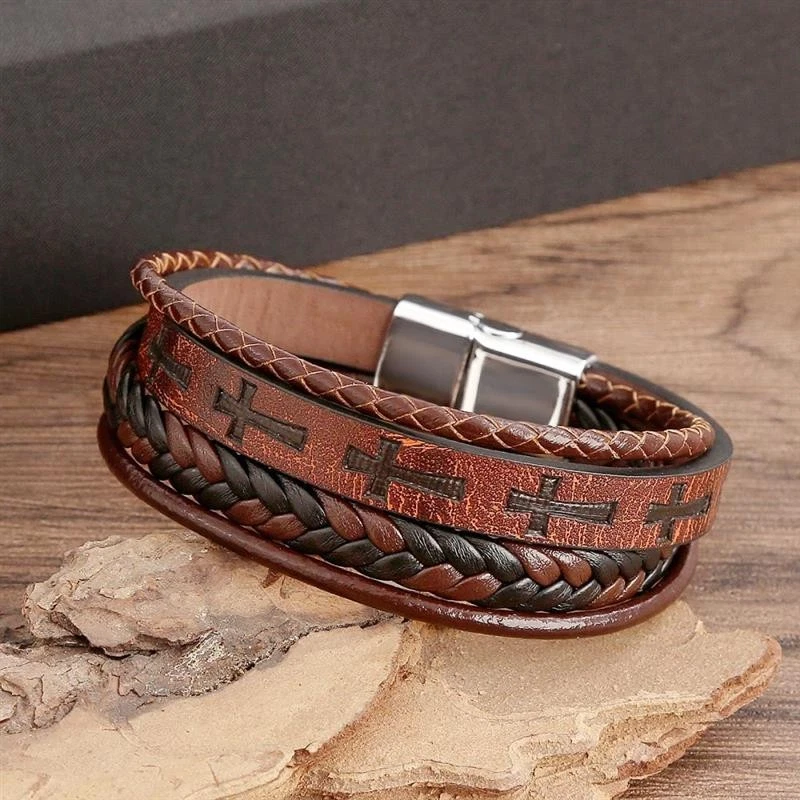 Pulsera cruzada de cuero trenzado marrón para hombre cierre de acero inoxidable regalo Foto 4 de 4