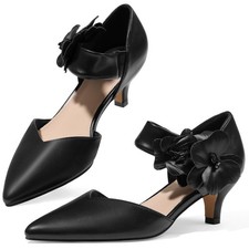 Womens Low Kitten Heels Closed Pointed Toe Slip on Pumps Ankle Strap Heels Se...