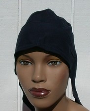Conservative Turban Cap Hijab BLACK Cotton Tie Back Bonnet
