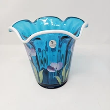 George Fenton 2003 Heirloom Optics Collection Aqua Floral Vase Hand Painted 6”