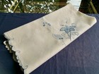 Vintage '50s Deerfield Crewel Hand Embroidery Blue Flowers Linen Tea Tablecloth — photo 8