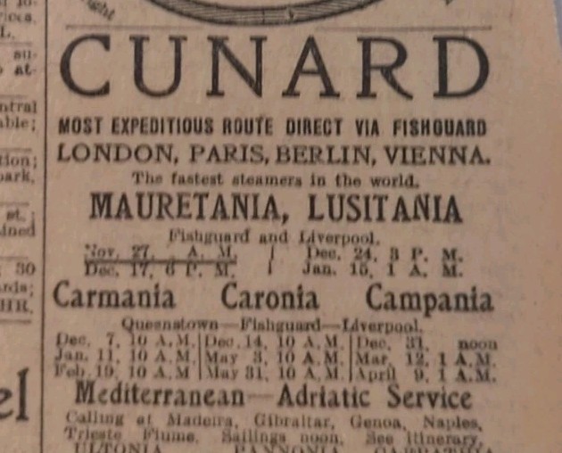 NOV 26, 1912 NEWSPAPER PAGE #2259- CUNARD LINE- MAURETANIA, LUSITANIA
