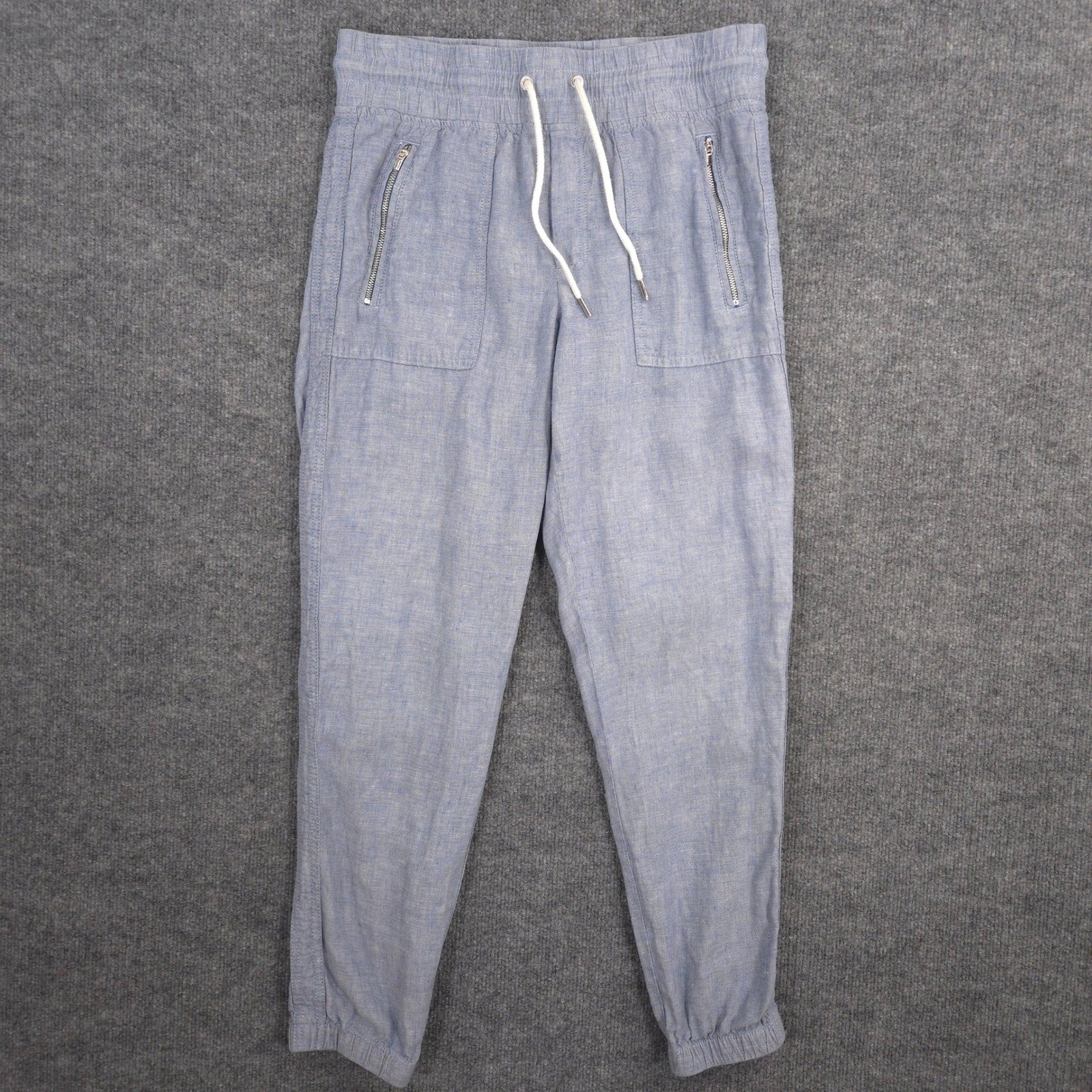 Athleta Cabo Linen Jogger Pants Womens 4 Blue Zip Pockets Stretch Drawstring