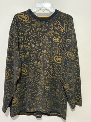 Ecko Unltd Mens XXL Long Sleeve Graphic Tee Black Gold Allover Print Streetwear