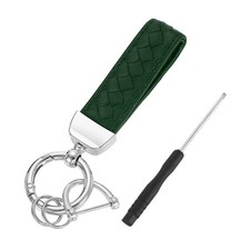 Leather Car Keychain, 5" Key Chain with D Ring and Silver Key Ring, Green
