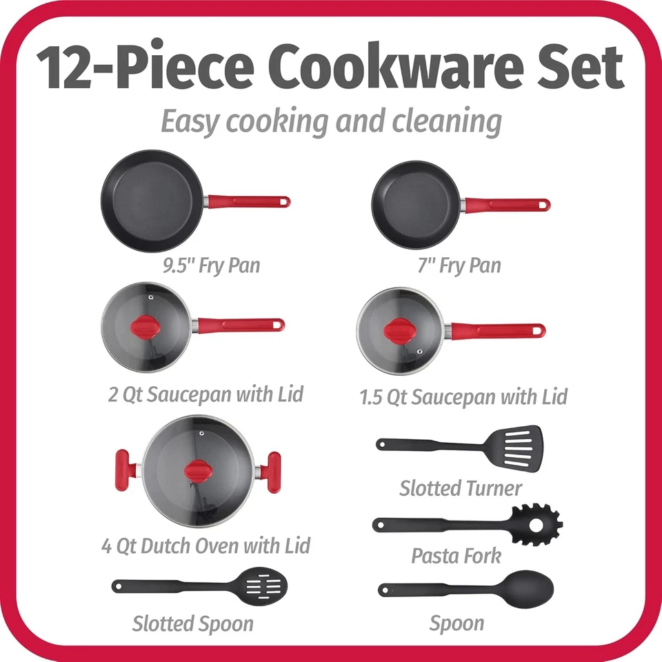 GoodCook ProEase 12-Piece Nonstick Cookware Set, Multi-Size, Black/Red  - Image 2 of 4
