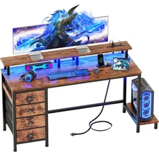 55 Inch Computer Desk Gaming with 4 Fabric Drawers with Power Outlets and Lig...
