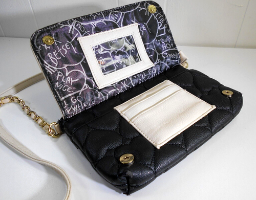 Betsy Johnson Crossbody Purse XOX Bag Quilted Hearts w/ Rope Chain Strap BLACK - Picture 4 of 12