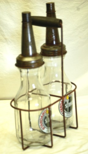 Standard Oil Company Service Motor Clear Glass Bottles Indiana Metal Carrier - Picture 2 of 5