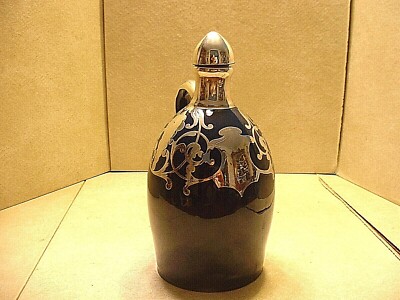 Antique Sterling Overlaid Porcelain Music Jug Whiskey With Stopper