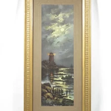 Antique Lighthouse Print Framed Lithograph Rocky Point Light Chas Williams