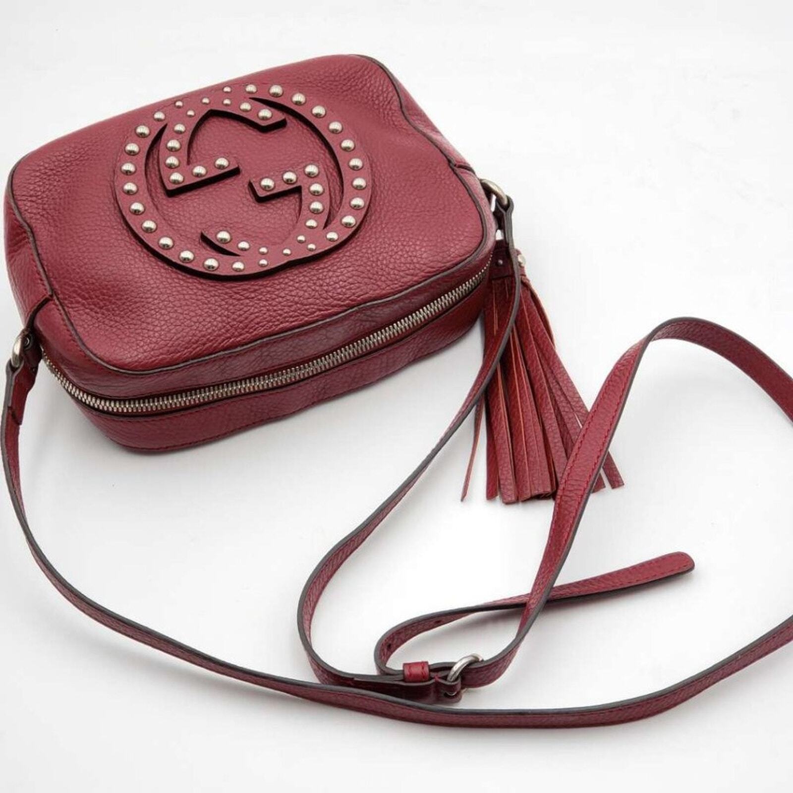 Authentic Gucci Soho Disco Studded Crossbody Bag Red Leather Small Camera Bag image 5