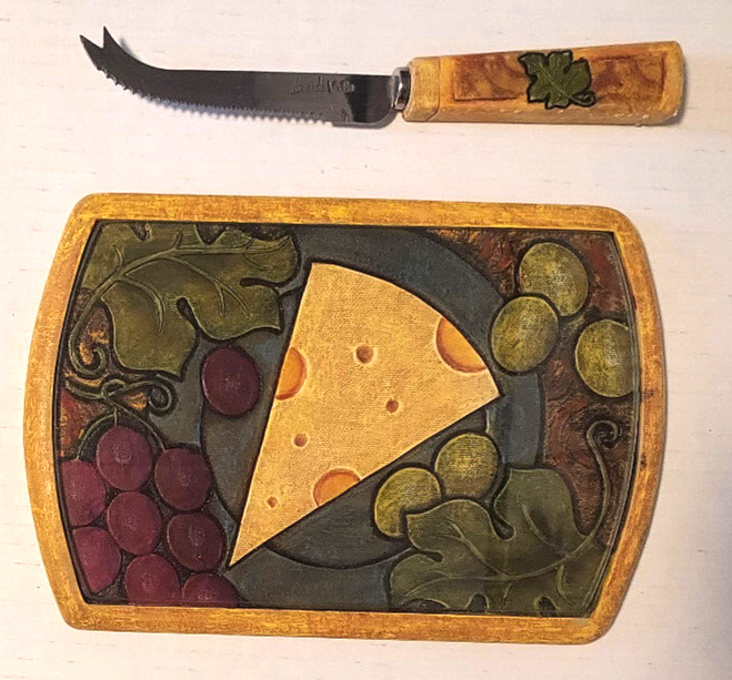 Joie de Vivre Cheese Cutting Board & Knife Glass Covered Engraved Resin