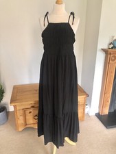 Zara Black Ruffled Voluminous Textured Midi Dress With Tie Straps L UK14 Bnwt