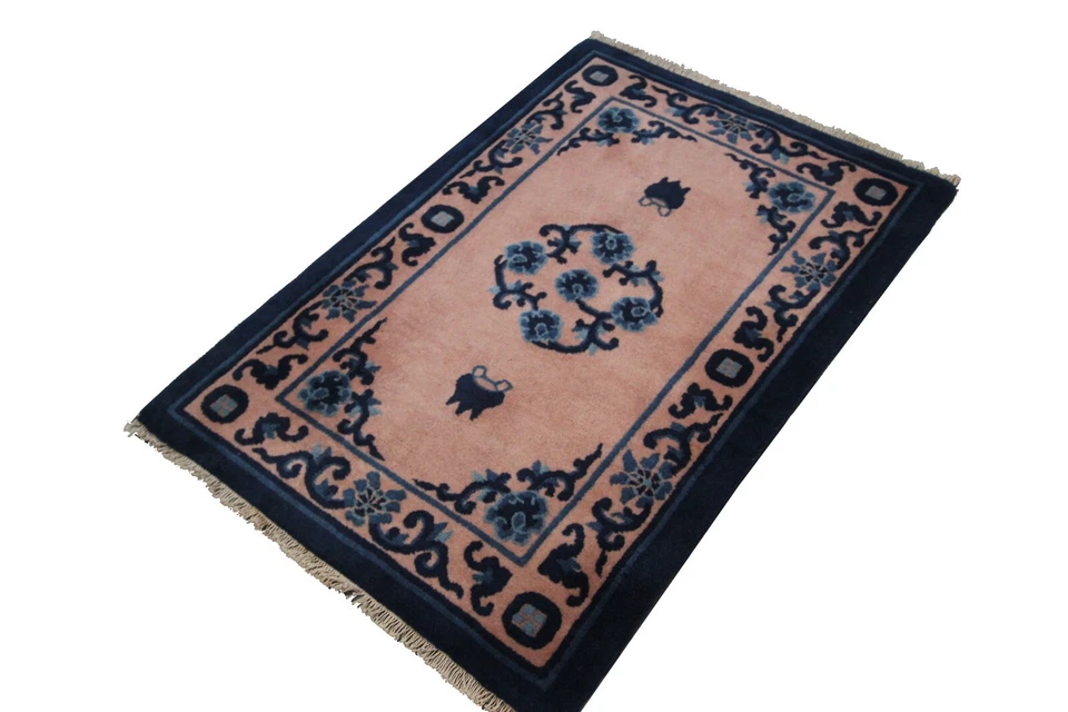 Alfombra antigua Pekín 2x3 alfombra china Art Deco rosa púrpura alfombra china hecha a mano 2x3 Foto 3 de 4