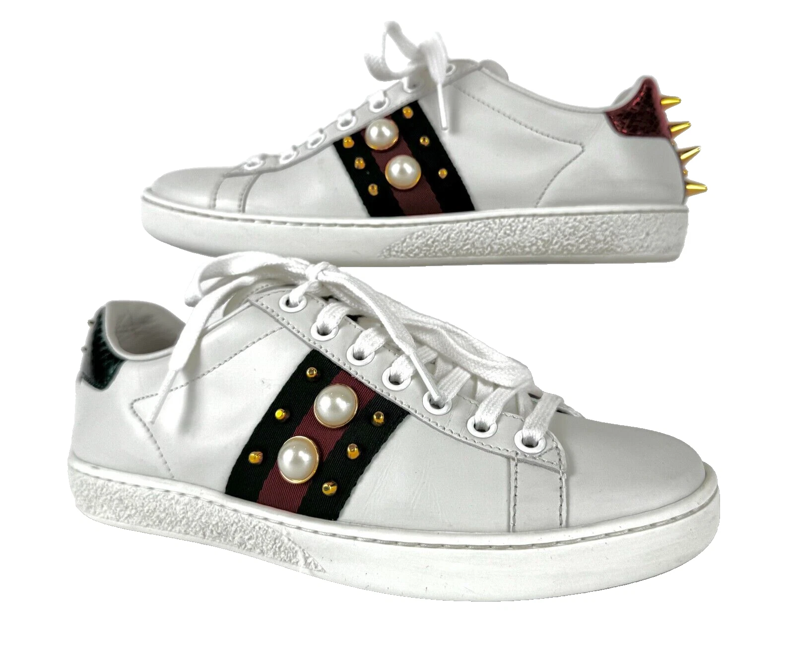 Chaussures baskets Gucci Wmn Auth 5 US 35 EU Ace cuir blanc nacré clouté cuir