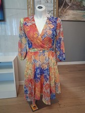 London Times Multicolor Floral Chiffon Wrap Midi Dress V-Neck 3/4 Sleeve US 10