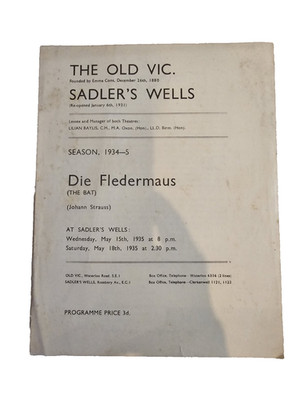 Alte Vic Sadlers Wells Ballade Oper Die Fledermaus (Die Fledermaus) von 1935 ~ Johann Straus