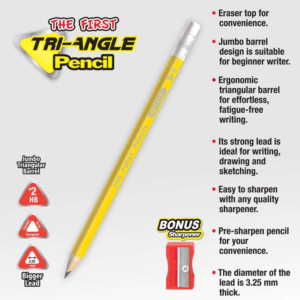 BAZIC 3 #2 The First Triangle Jumbo Yellow Pencil w/ Sharpener, pack of 24