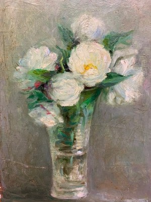 Weiße Pfingstrosen in einer Vase original impressionistisches Ölgemälde, 60er Jahre