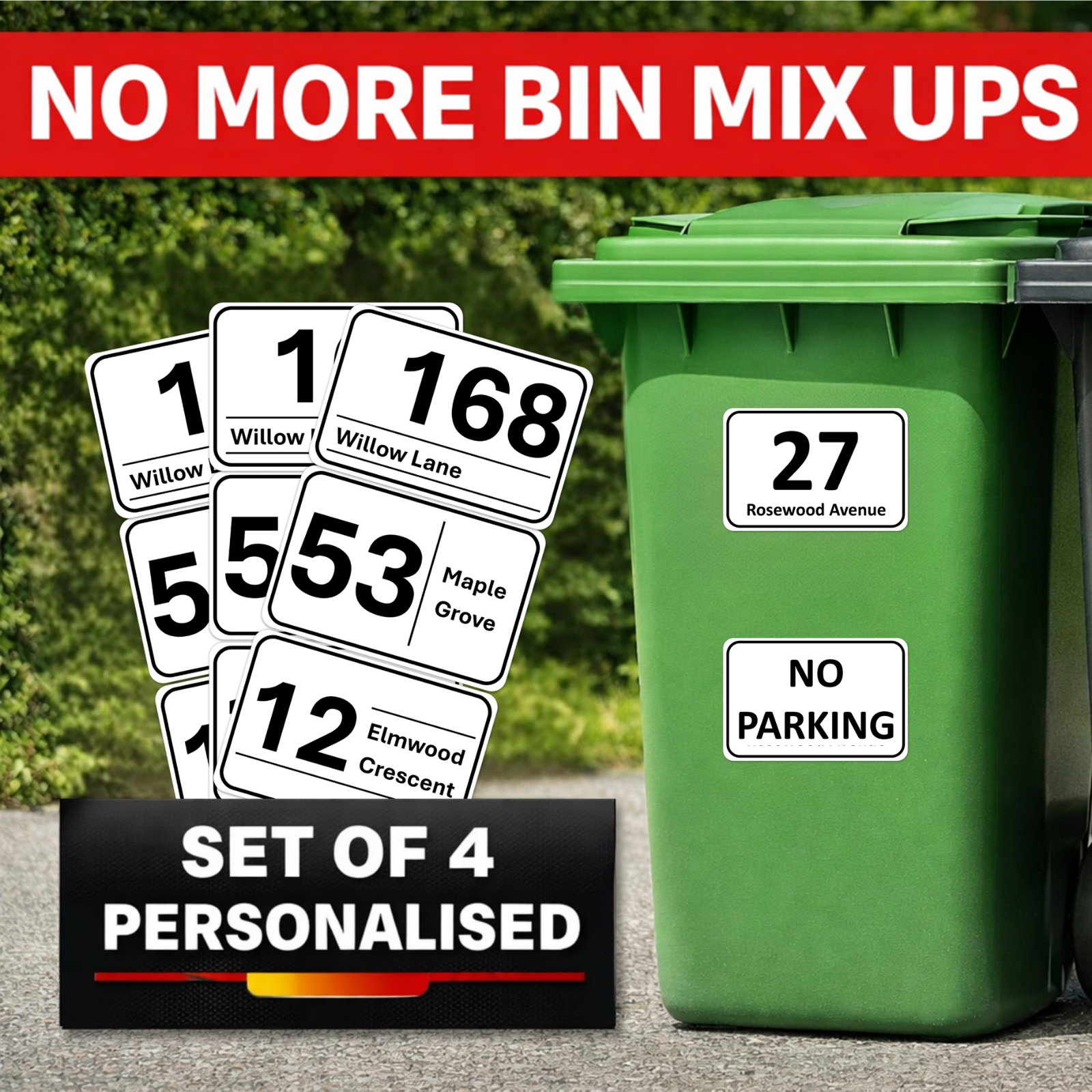 4 x PET Wheelie Bin Stickers Numbers Personalised Custom House Street Bin Number