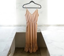 Storia Women's Tan Boho Jumpsuit Smocked Tiered Dressy Ruffle Wide Leg Size L