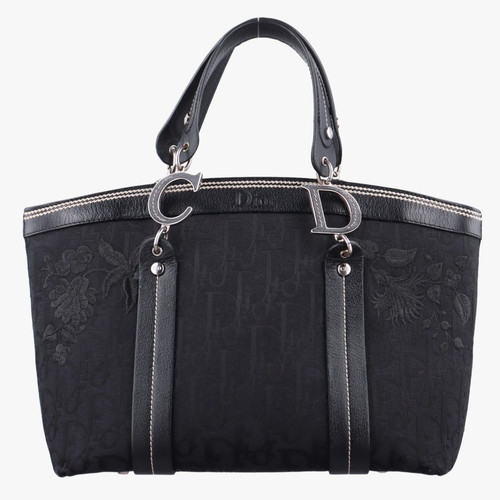Christian Dior Trotter Floral Tote Bag Black Canvas Leather 07-BO-1015
