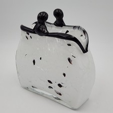 White Speckled Heavy Art Glass Purse Handbag Vase Sculpture 7 Inch Tall