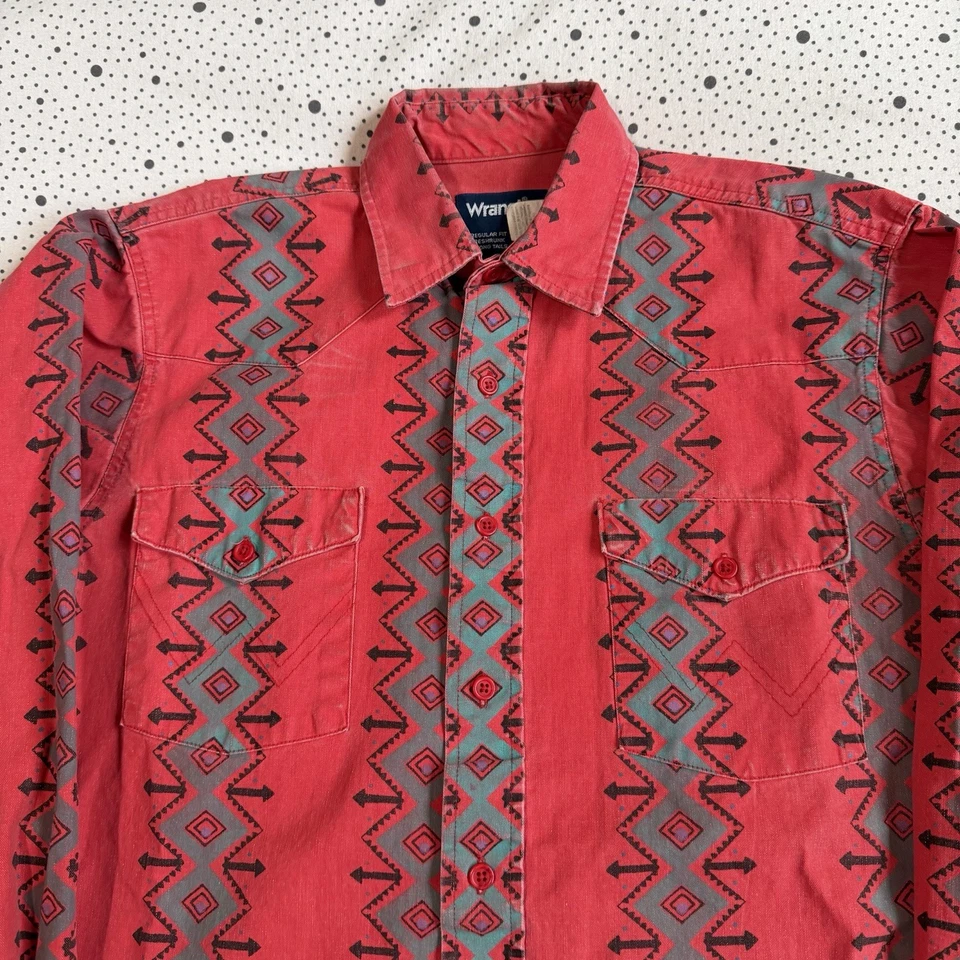 Camisa de Colección Años 90 Wrangler Brushpopper Para Hombres 15-34 Rojo Azteca Perla Occidental A Presión Foto 2 de 4