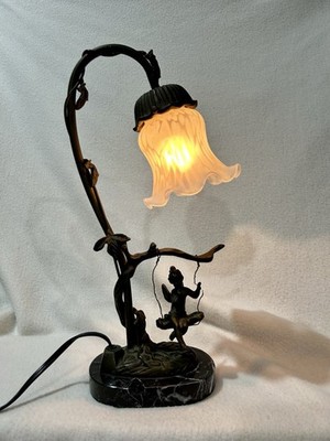 Vintage Art Nouveau Style Andrea By Sadek Bronze Cherub Fairy Lamp READ