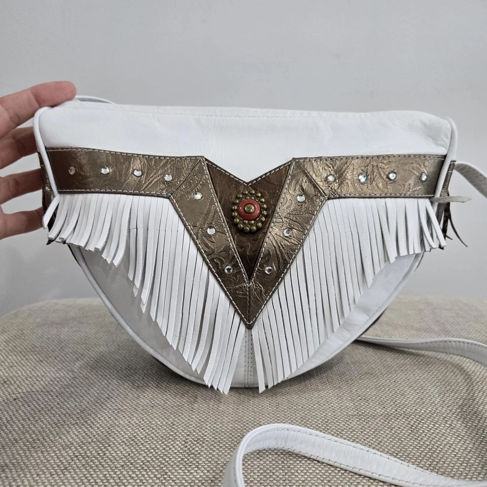 Bolso de Cuero Cellini Vintage Blanco Flecos Concho Hombro Bandolera Festival  Foto 2 de 4