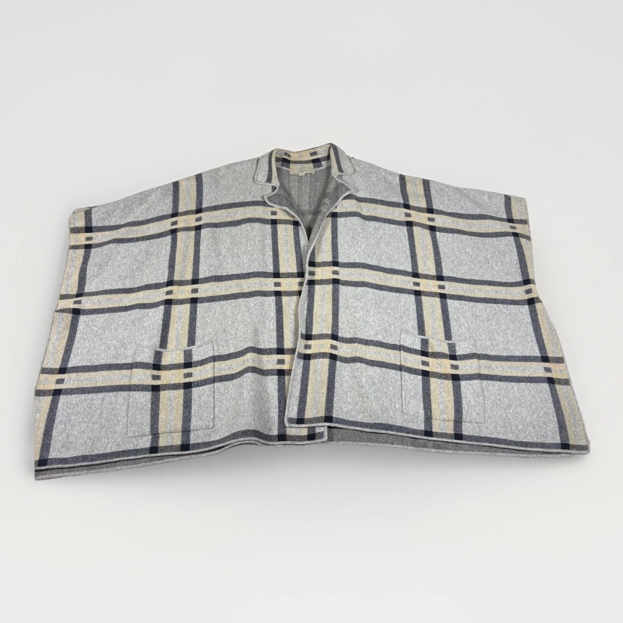 LOFT Poncho Womens M/L Gray Plaid Cotton Classic Cardigan Knitted Open Front