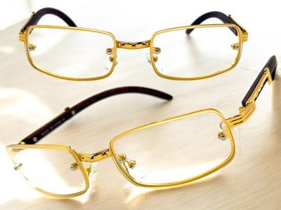 Mens Classy Elegant Retro Hip Hop Style Clear Lens EYE GLASSES Gold & Wood Frame