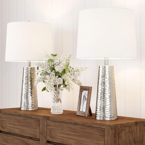 Table Lamps - Set of 2 Hammered Metal Lights with Flared Bases and Drum Shades f - Picture 2 of 6