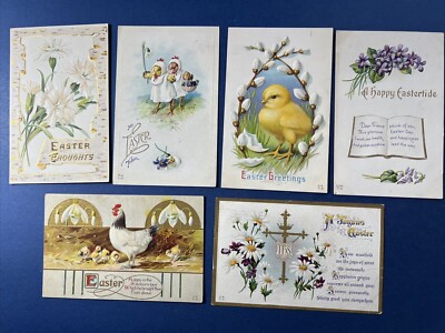 6 Nice CHICKS & Religious Easter Antique Postcards. EMB,Gold Trim. PUBL: Nash   