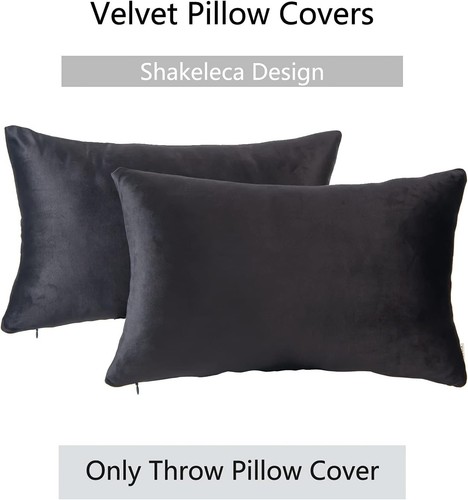 Set of 2 Cozy Velvet Rectangle Decorative Throw Pillow Covers - 12"x20" Black - Picture 6 of 9