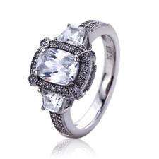Women Sterling Silver Rhodium Plated 1.5ct Rectangula CZ Vintage Engagement Ring