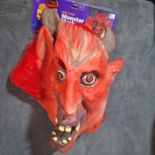 Vtg ADULT Demon Red Devil Satan Latex Rubber Halloween Costume Mask  horns FUR