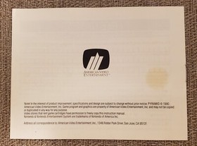 Pyramid - Nintendo Nes - Instruction Manual Only - American Video Entertainment