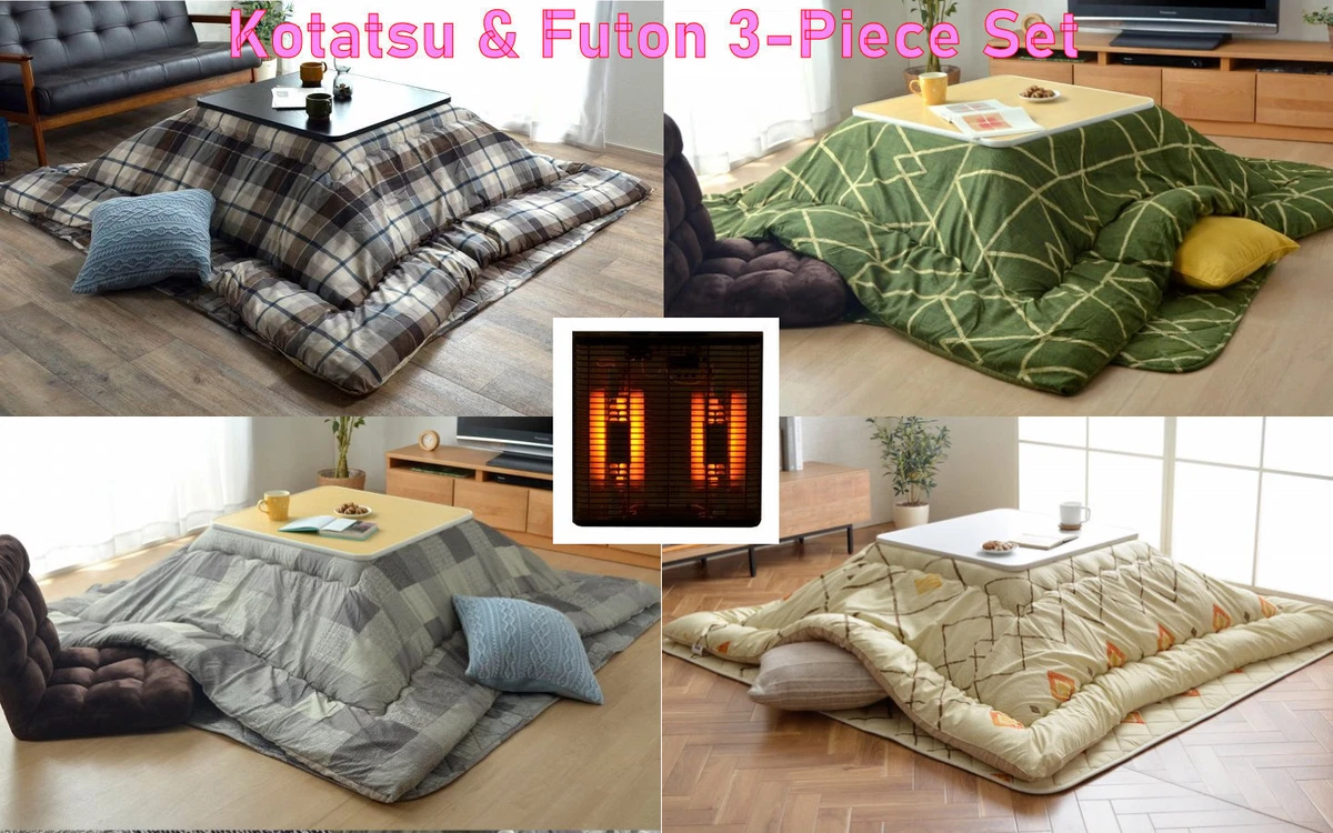 Kotatsu Set 3pc 190x190cm Fluffy Futon 70x70cm Mat Table with 100V Heater