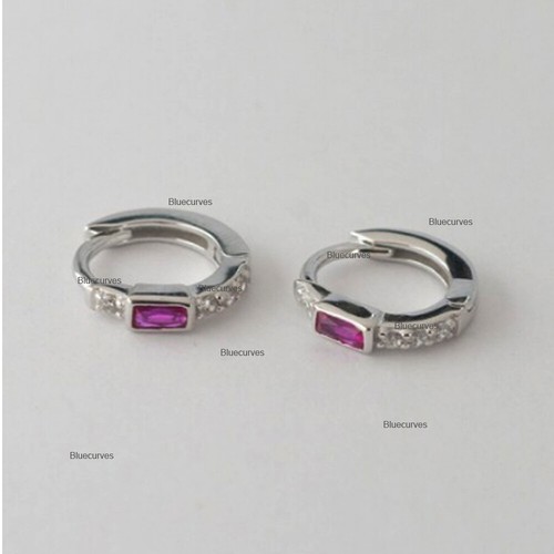 Baguette Ruby & Side Diamonds Mini Hoops Earrings In 14K Yellow Gold Minimalist - Picture 6 of 10