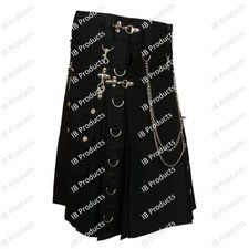 IB Men Scottish Black Fashion Gothic Kilt with Silver Chains Traditional Kilts