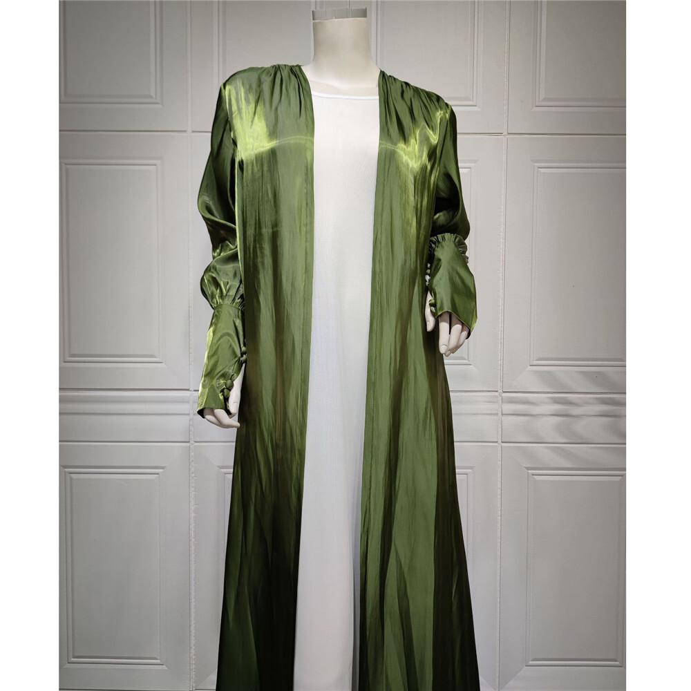 Muslim Women Bubble Sleeve Satin Long Abaya Cardigan Open Dress