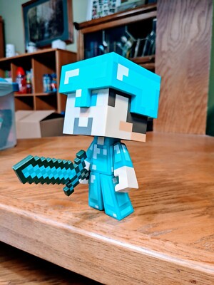 MINECRAFT INCH DIAMOND STEVE FIGURE WITH REMOVABLE HELMET AND SWORD- EUC 